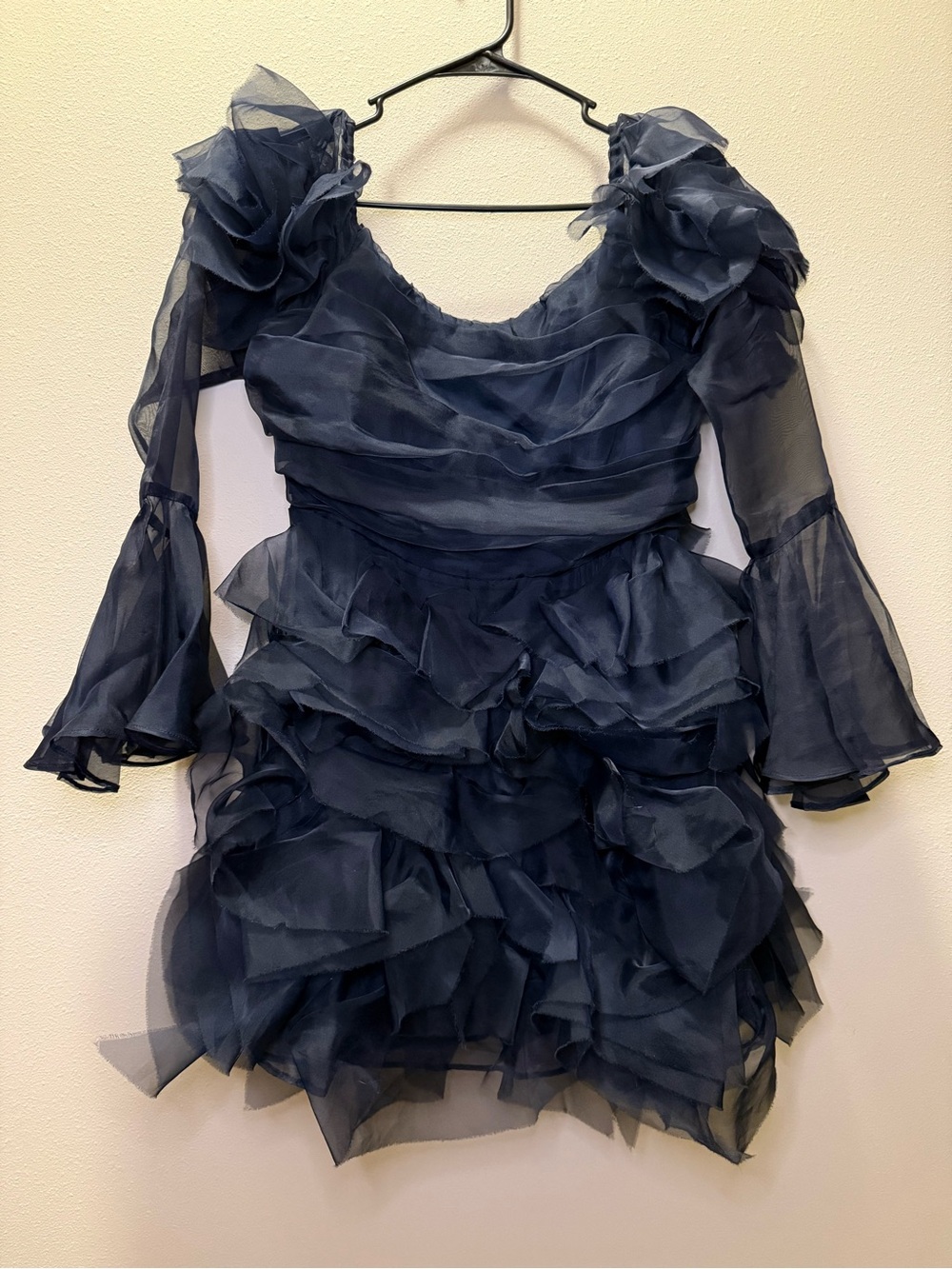 ASOS LUXE organza bardot mini dress in navy